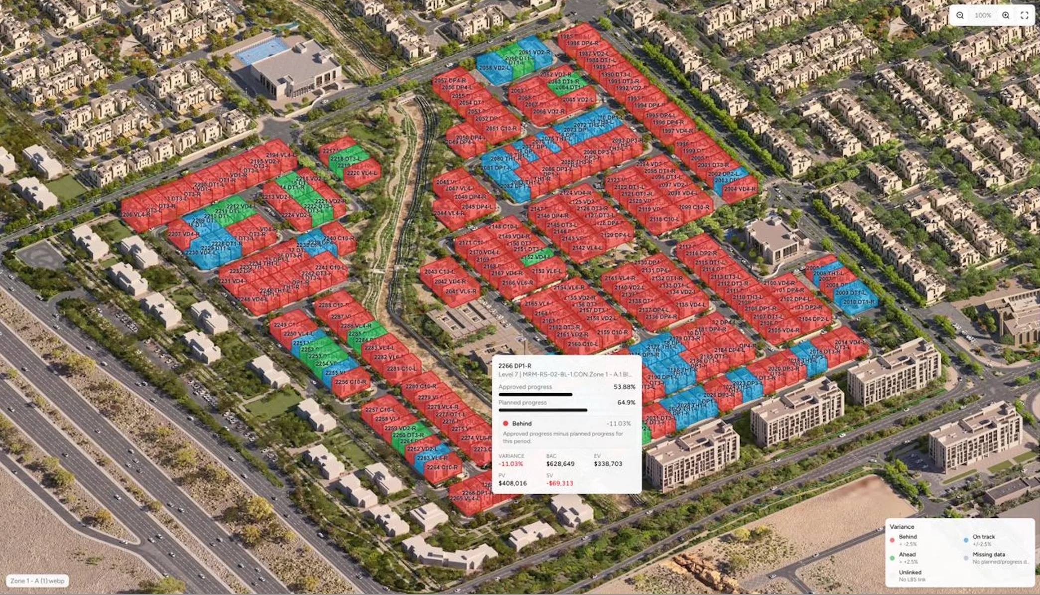 WakeCap automated progress tracking — 3D site view with progress overlays